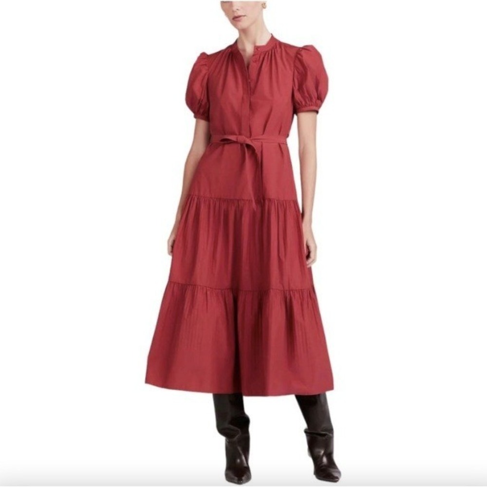 Derek Lam Alexandra Red Puff Sleeve Midi Dress | Size 4 | Tiered Button Front